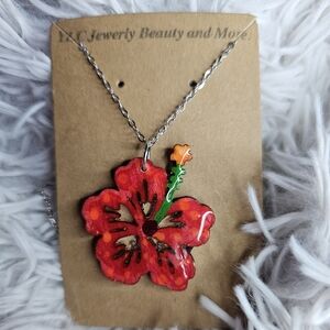 Red Hibiscus Flower Pendant Necklace with Green Stem - Jewelry